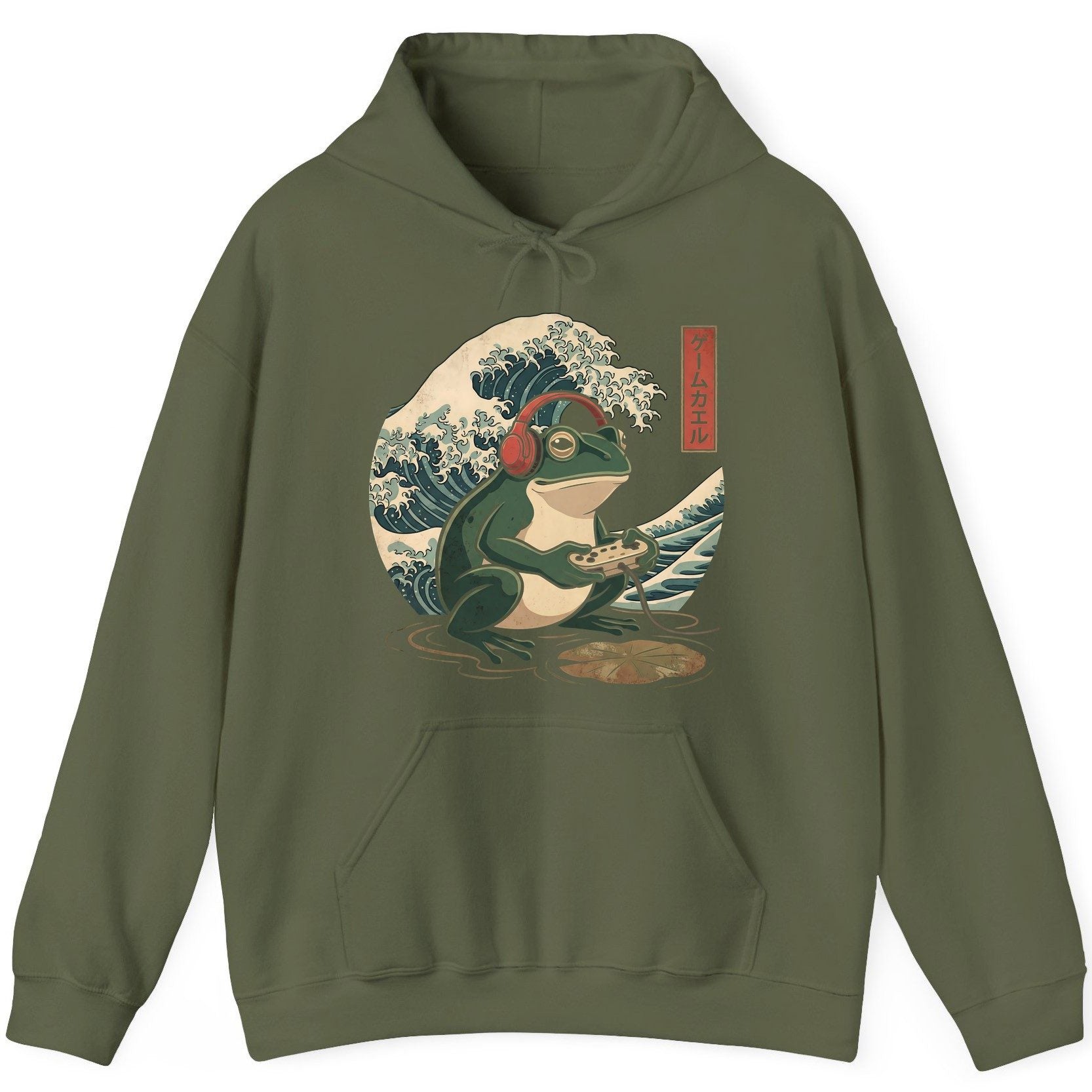 ゲームカエル gamer frog Hoodie Military Green product mockup