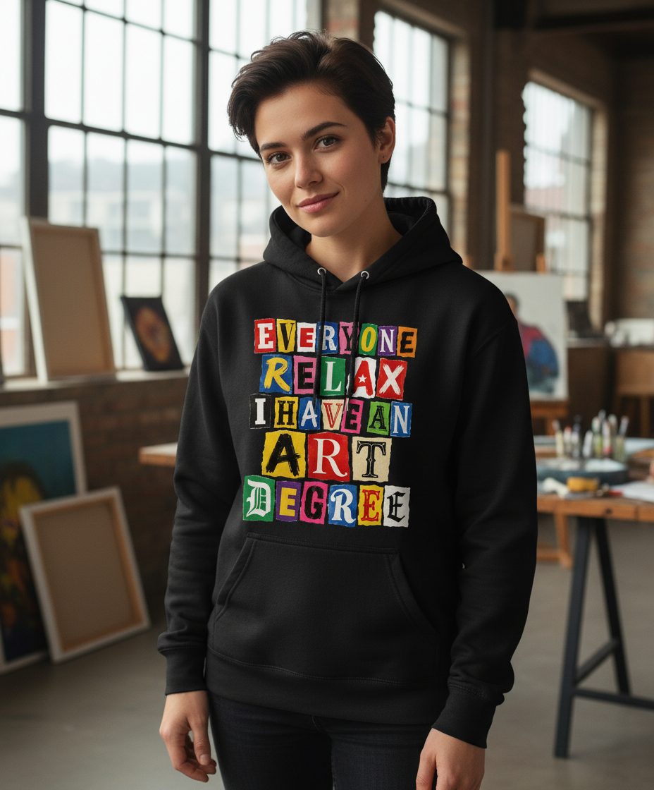 Everyone Relax I Have an Art Degree art degree humor Hoodie Black lifestyle mockup