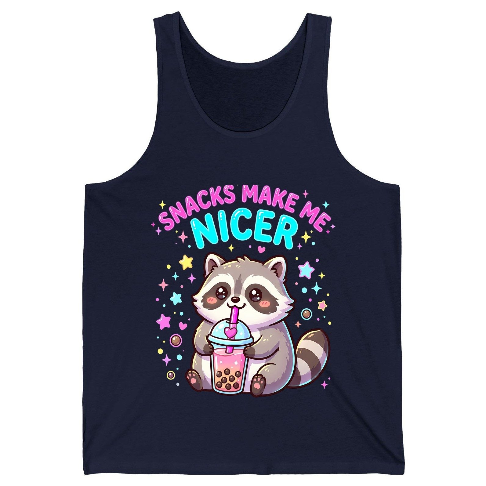 SNACKS MAKE ME NICER Funny Raccoon Tank Top - product mockup - Navy