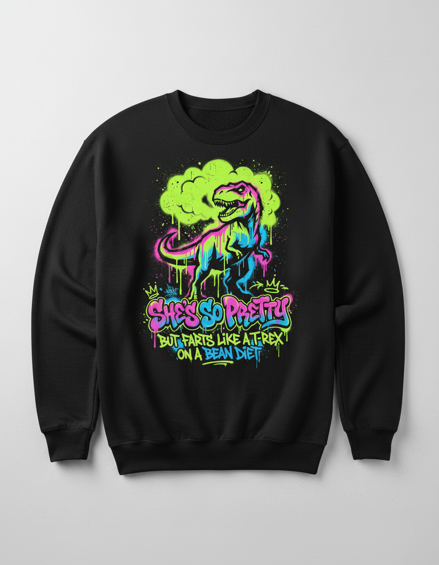 Funny T-Rex Graffiti Art 'She's So Pretty' Sweatshirt - Black