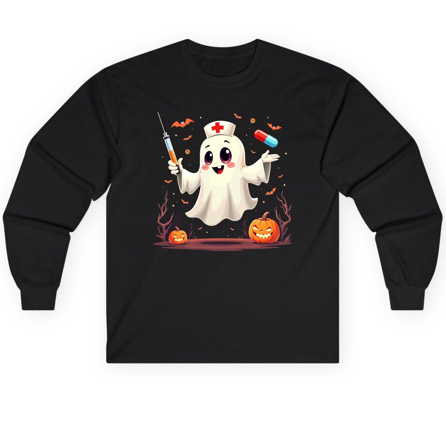Cute Ghost Nurse Halloween ghost nurse Long Sleeve Tee Black product mockup