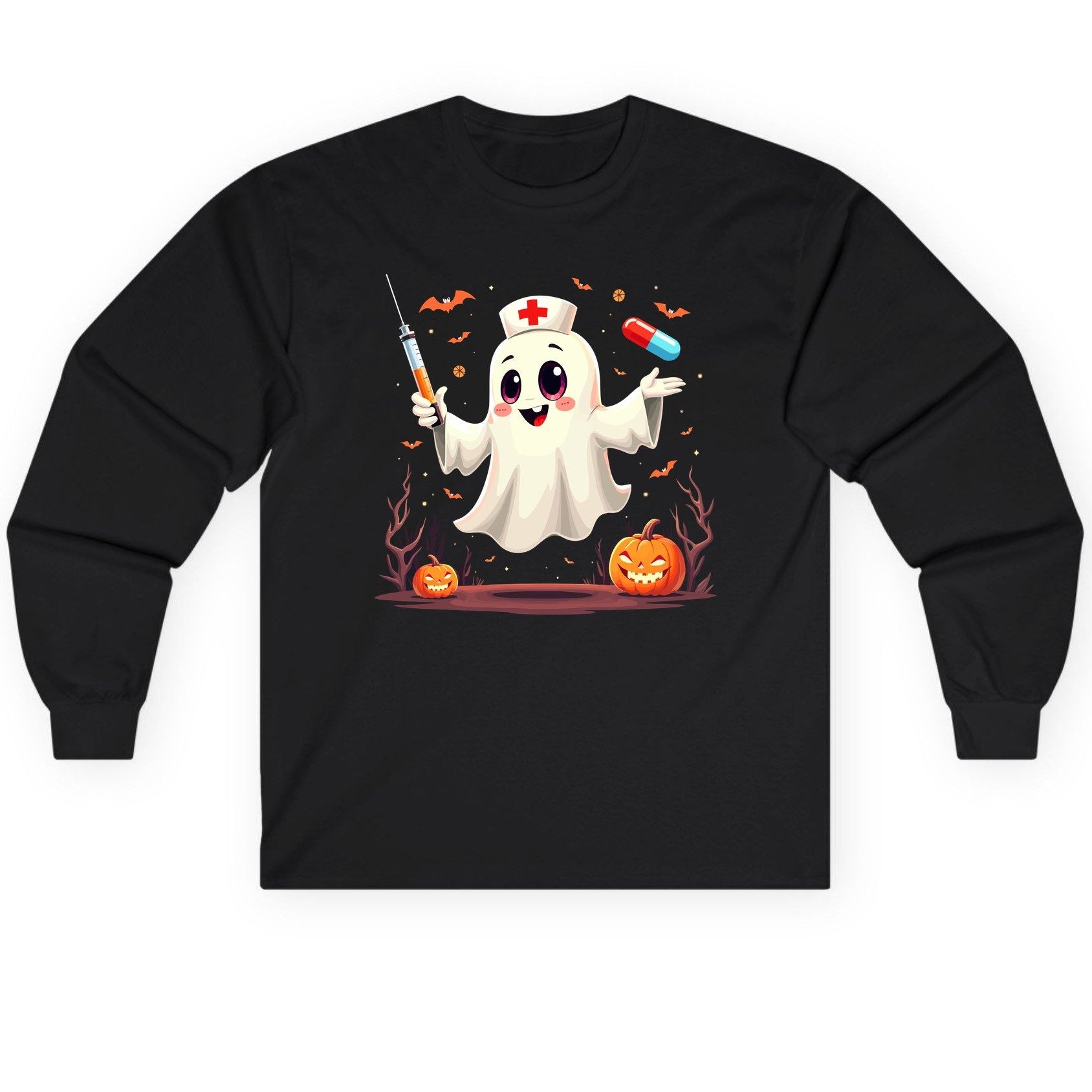 Cute Ghost Nurse Halloween ghost nurse Long Sleeve Tee Black product mockup