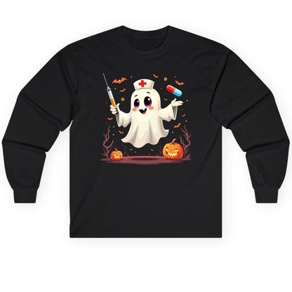 Cute Ghost Nurse Halloween ghost nurse Long Sleeve Tee Black product mockup