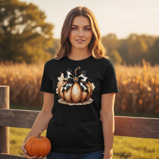 Cow Print Bow Pumpkin pumpkin Youth T-Shirt Black lifestyle mockup