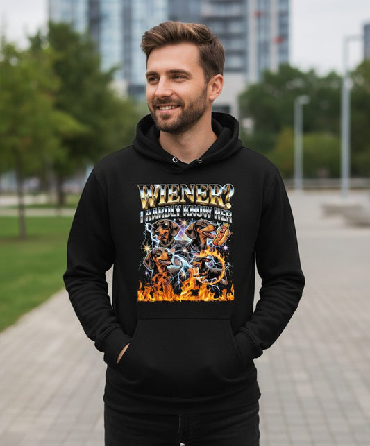 Wiener I Hardly Know Her dachshund Hoodie Black lifestyle mockup