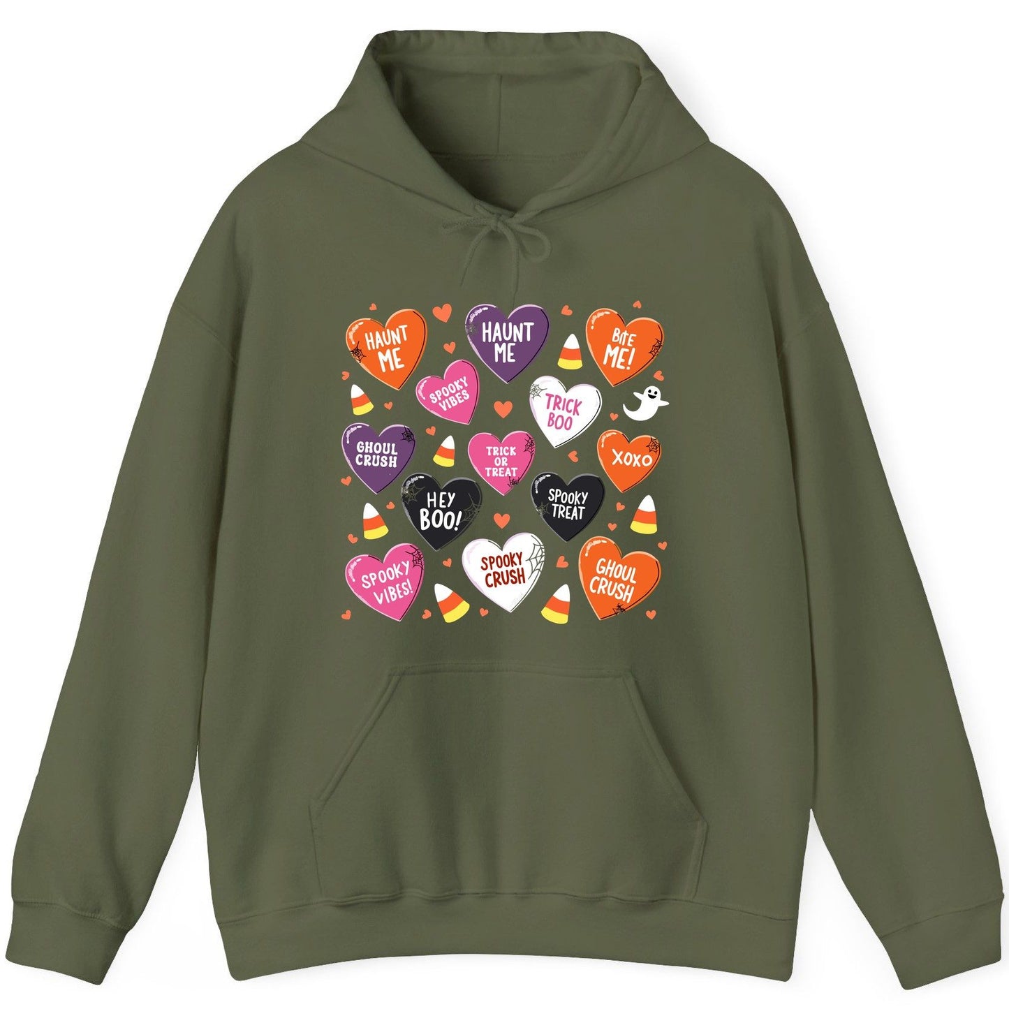 Spooky Halloween Conversation Hearts Halloween conversation hearts Hoodie Military Green product mockup
