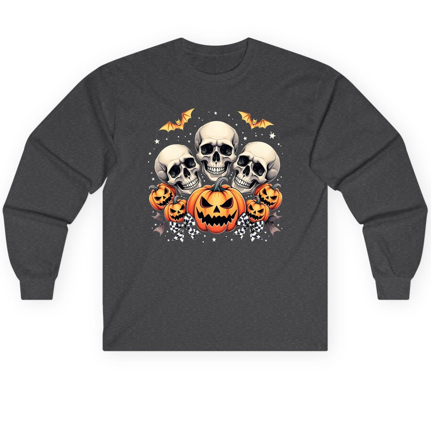 Skulls and Pumpkins Halloween Halloween Long Sleeve Tee Dark Heather product mockup