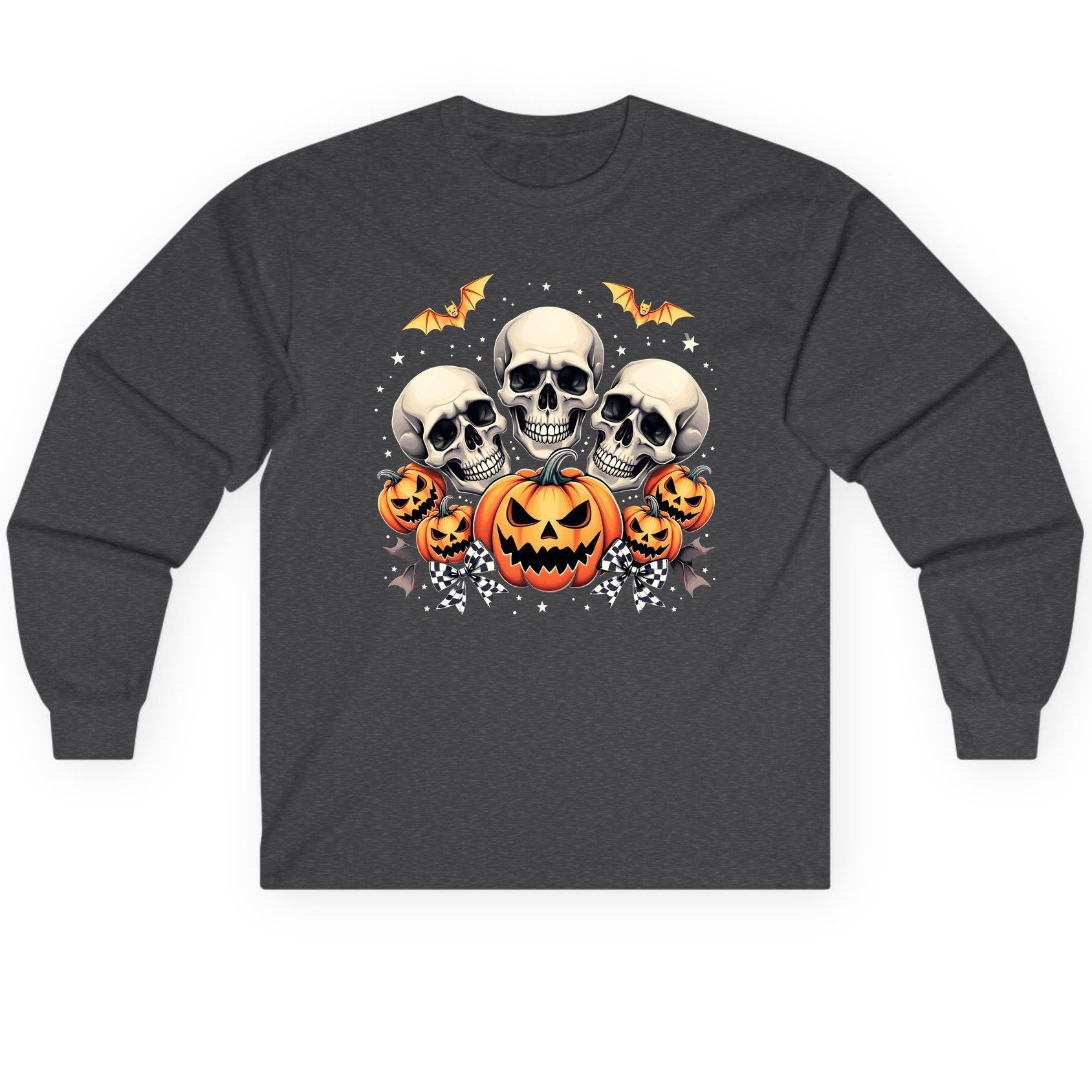 Skulls and Pumpkins Halloween Halloween Long Sleeve Tee Dark Heather product mockup