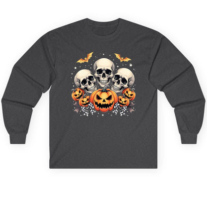 Skulls and Pumpkins Halloween Halloween Long Sleeve Tee Dark Heather product mockup