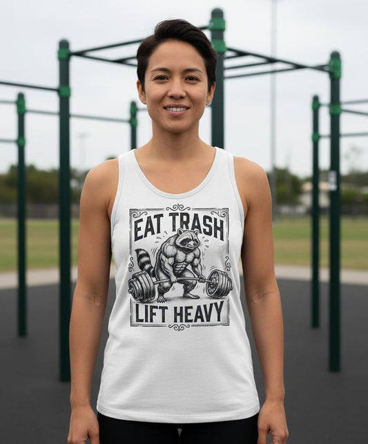Eat Trash Lift Heavy raccoon Tank Top White lifestyle mockup