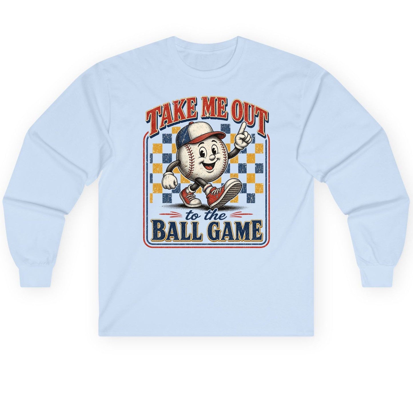Take Me Out to the Ball Game Retro Baseball Long Sleeve Tee - product mockup - Light Blue