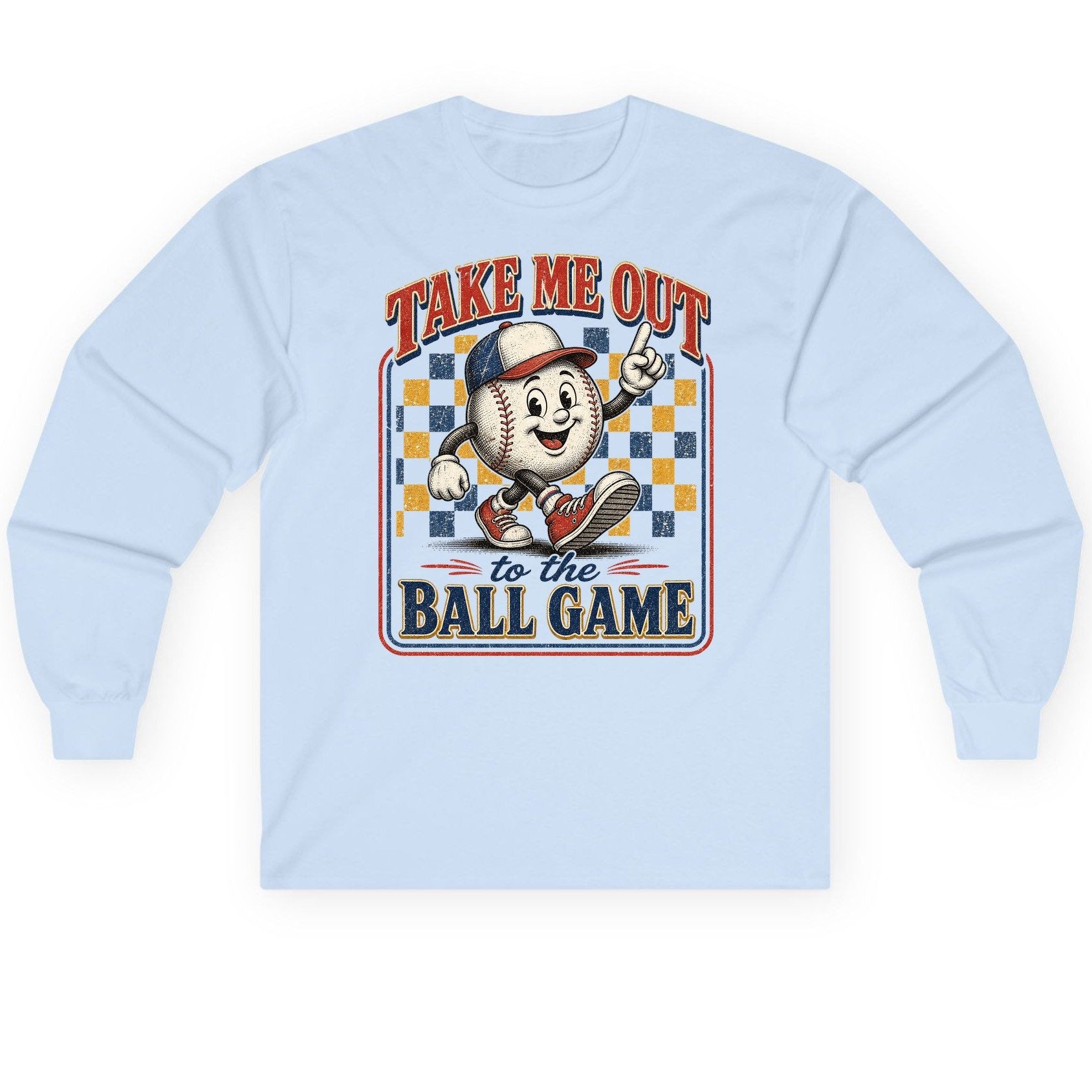 Take Me Out to the Ball Game Retro Baseball Long Sleeve Tee - product mockup - Light Blue
