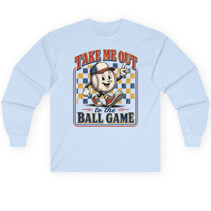 Take Me Out to the Ball Game Retro Baseball Long Sleeve Tee - product mockup - Light Blue