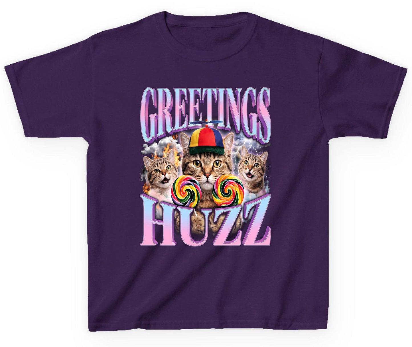 Greetings Huzz Funny Cats Youth T-Shirt - product mockup - Purple