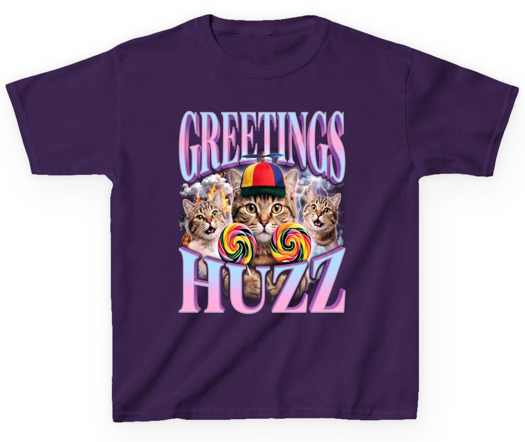Greetings Huzz Funny Cats Youth T-Shirt - product mockup - Purple