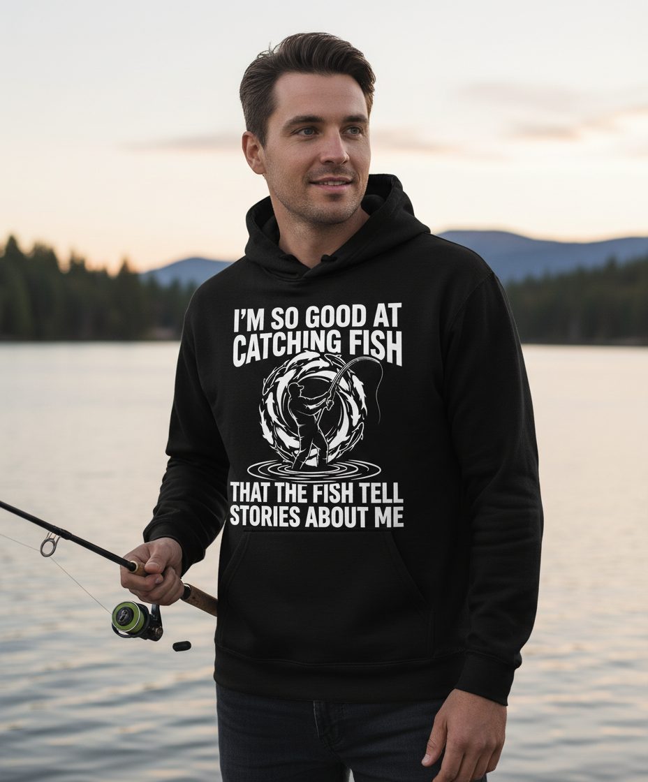 I'm So Good at Catching Fish That the Fish Tell Stories About Me fishing Hoodie Black lifestyle mockup
