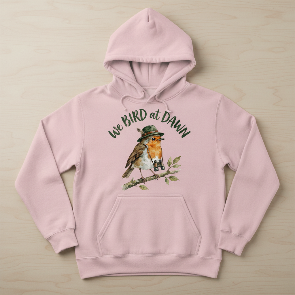Watercolor Robin Birdwatcher with Hat and Binoculars Hoodie - product mockup - Light Pink