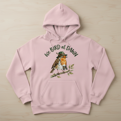 Watercolor Robin Birdwatcher with Hat and Binoculars Hoodie - product mockup - Light Pink