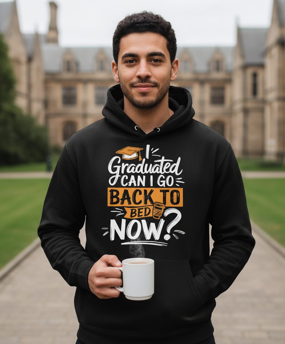 I Graduated Can I Go Back to Bed Now Funny Graduation Hoodie - lifestyle model mockup - Black