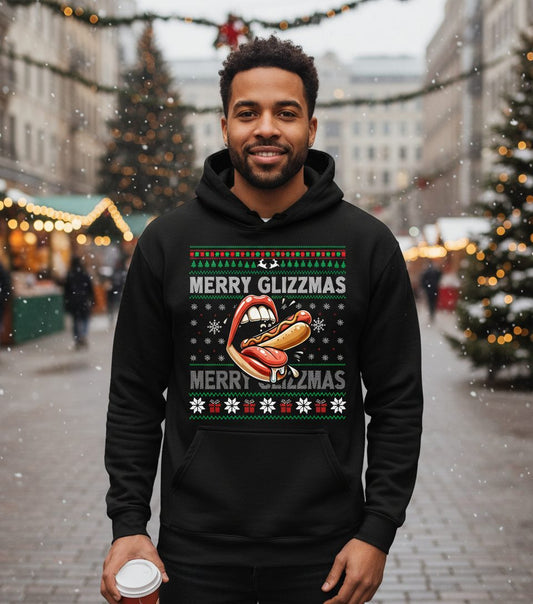 Merry Glizzzmas hot dog Hoodie Black lifestyle mockup