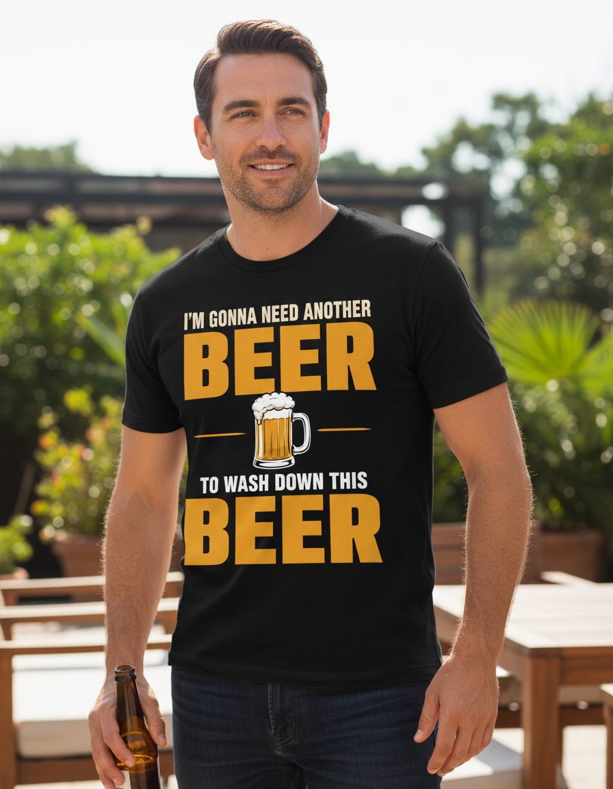 I'M GONNA NEED Another BEER TO WASH DOWN THIS BEER T-Shirt - lifestyle model mockup - Black
