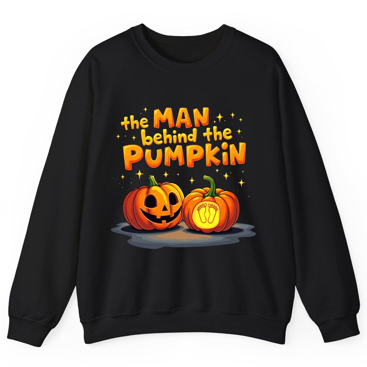 The Man Behind the Pumpkin Halloween pregnancy announcement Sweatshirt Black product mockup