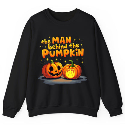 The Man Behind the Pumpkin Halloween pregnancy announcement Sweatshirt Black product mockup