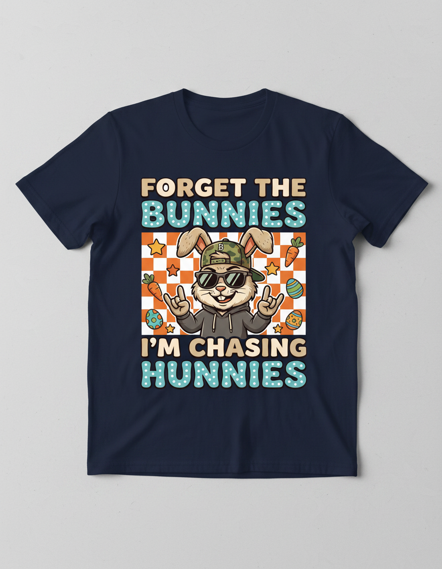 Funny Cool Easter Bunny Chasing Hunnies Design T-Shirt - Navy