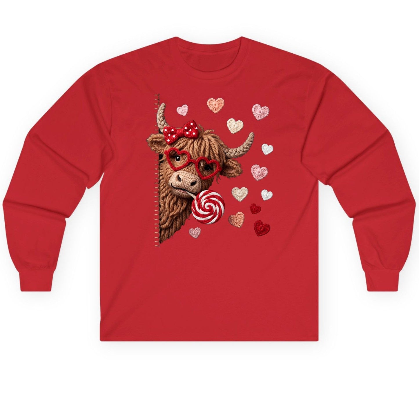 Crochet Valentine's Highland Cow highland cow Long Sleeve Tee Red product mockup