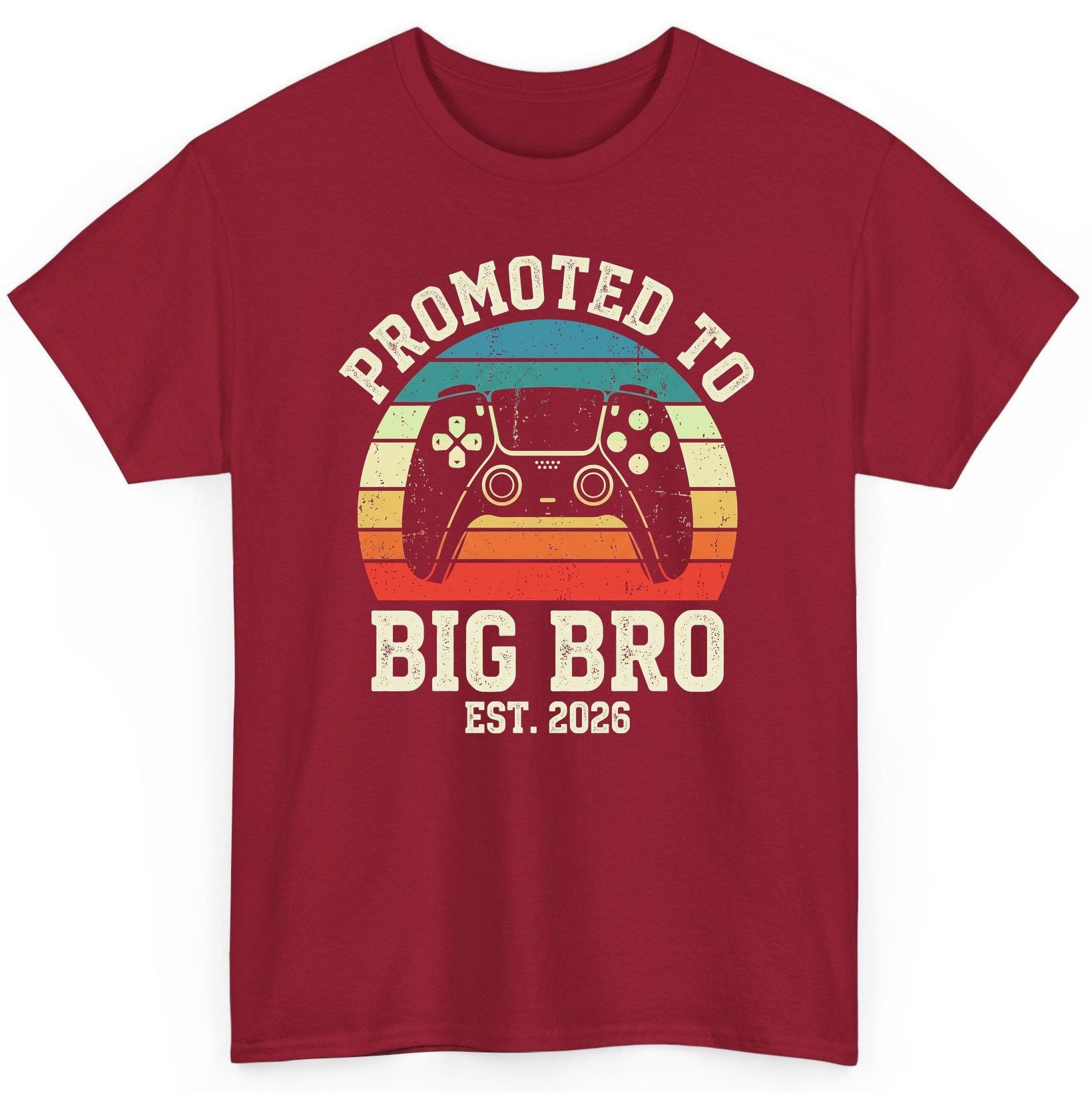 Promoted TO BIG BRO EST 2026 Retro Gaming T-Shirt - product mockup - Cardinal Red