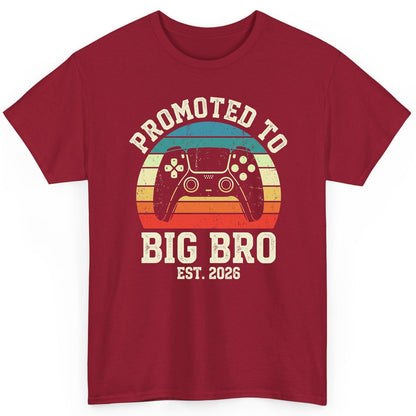 Promoted TO BIG BRO EST 2026 Retro Gaming T-Shirt - product mockup - Cardinal Red