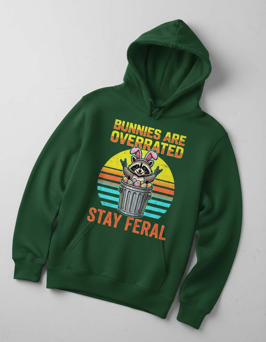 Bunnies Are Overrated Stay Feral Raccoon Hoodie - Forest Green