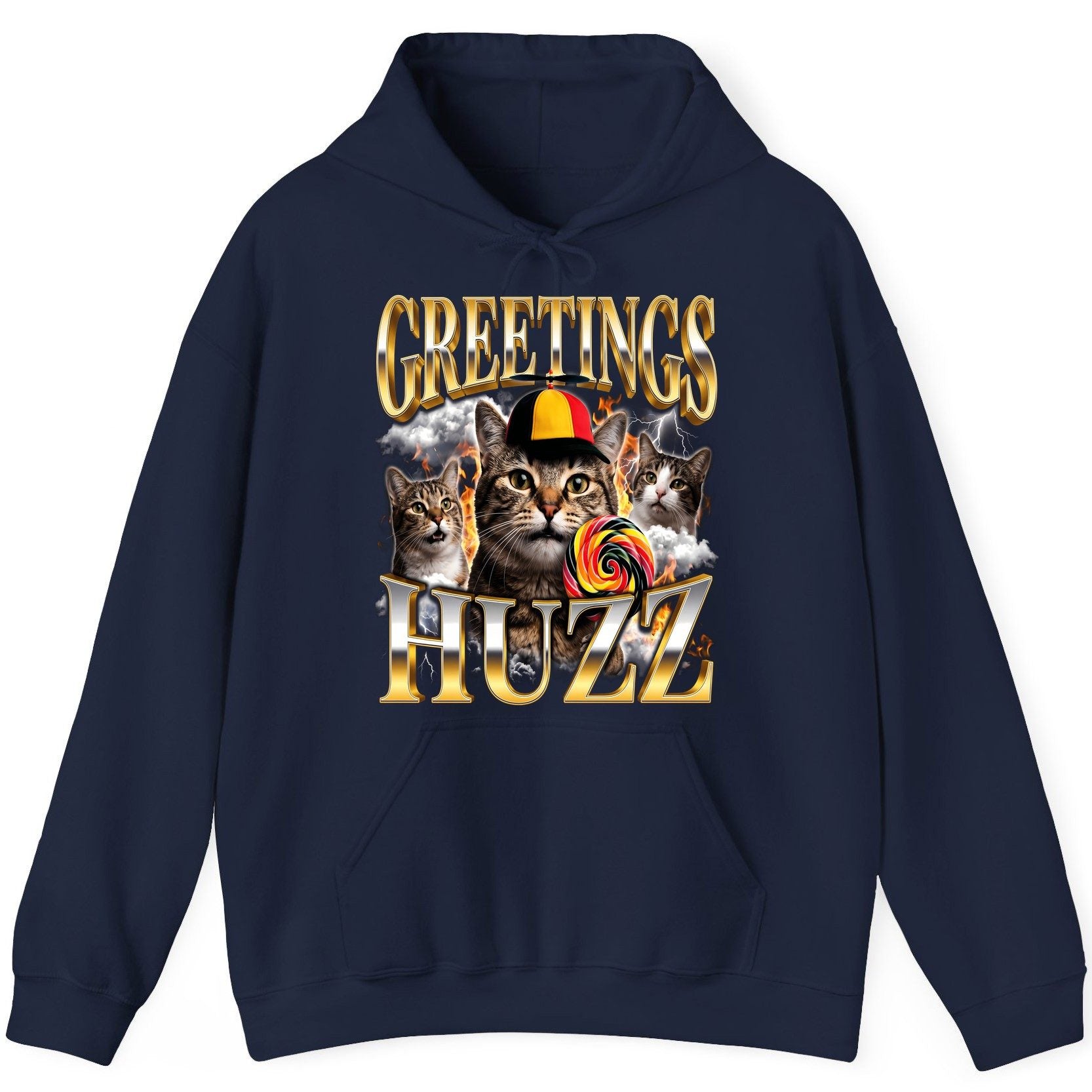 Greetings HUZZ Funny Cats Hoodie - product mockup - Navy