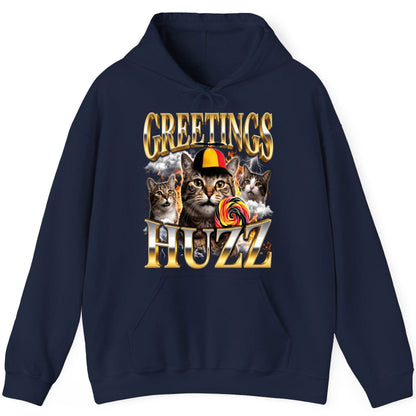 Greetings HUZZ Funny Cats Hoodie - product mockup - Navy