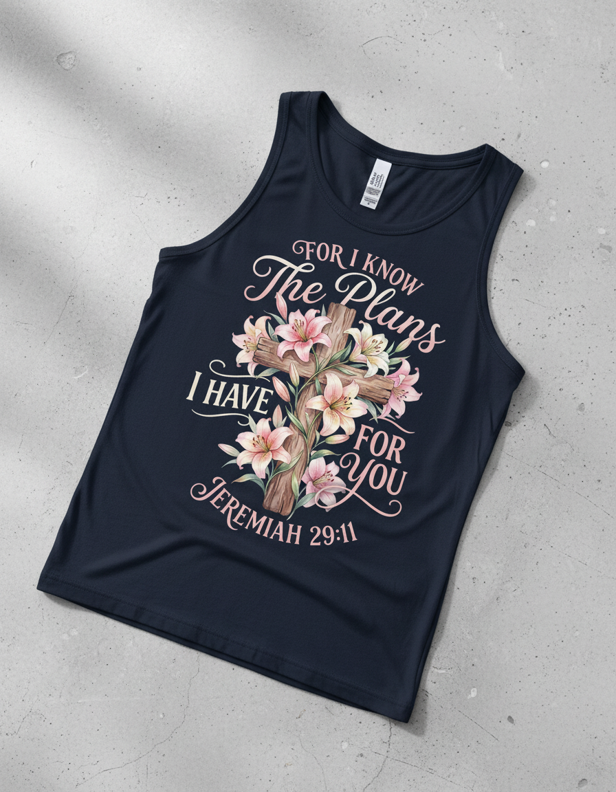 Jeremiah 29:11 For I Know The Plans I Have For You Cross and Lilies Tank Top - Navy