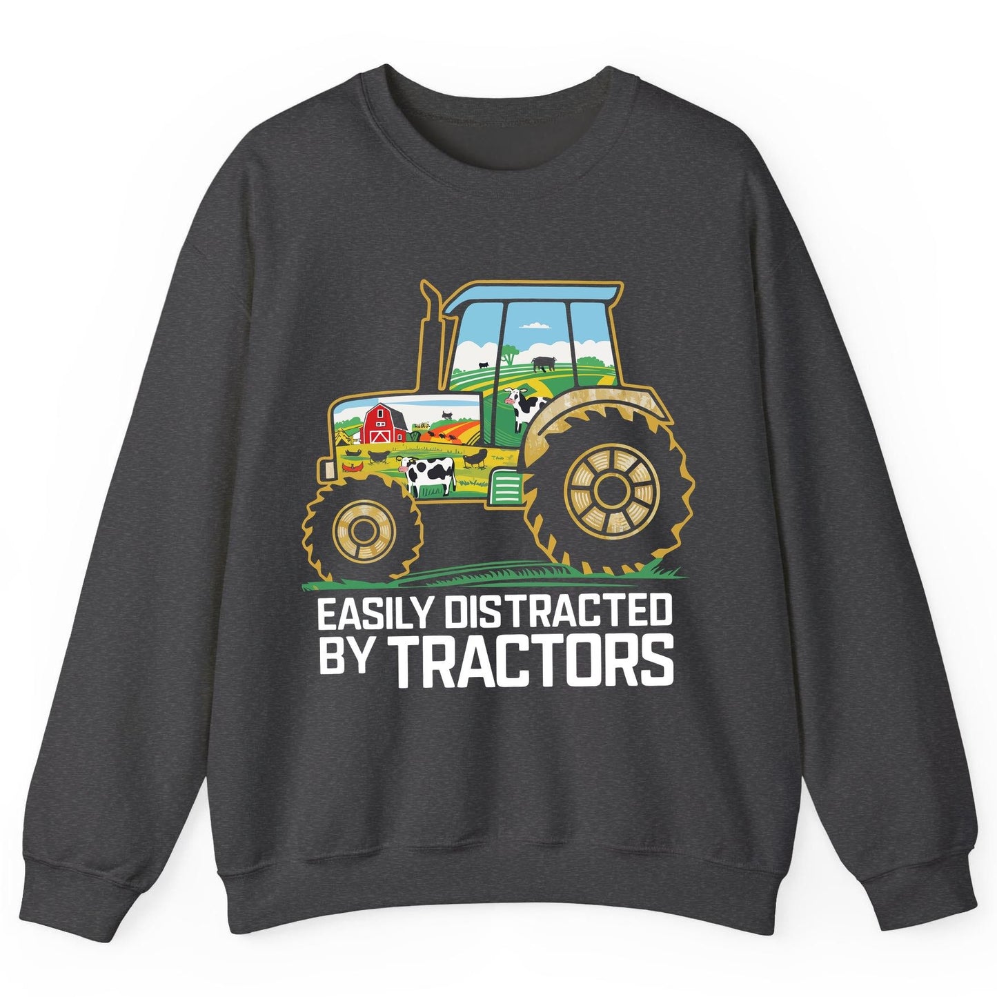 Easily Distracted by Tractors farming Sweatshirt Dark Heather product mockup