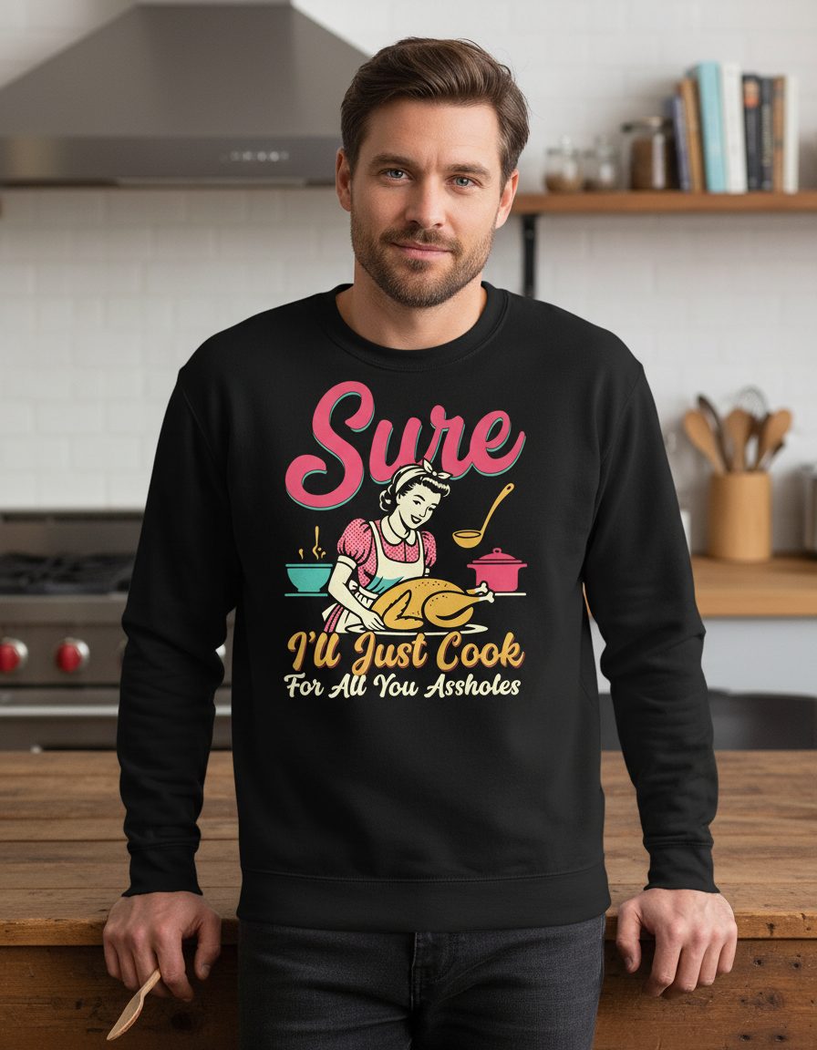 Sure, I'll Just Cook for All You Assholes sarcastic cooking Sweatshirt Black lifestyle mockup