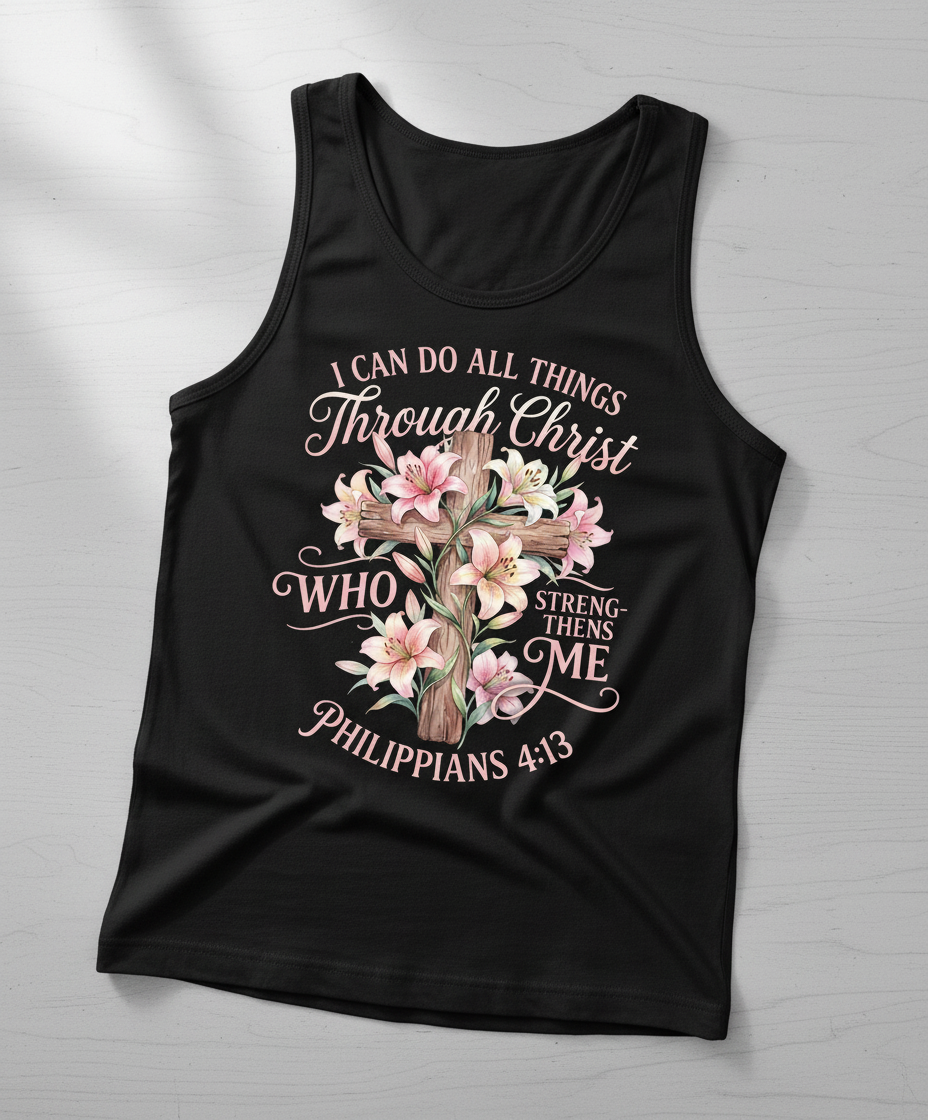 Philippians 4:13 I Can Do All Things Through Christ Cross and Lilies Tank Top - Black