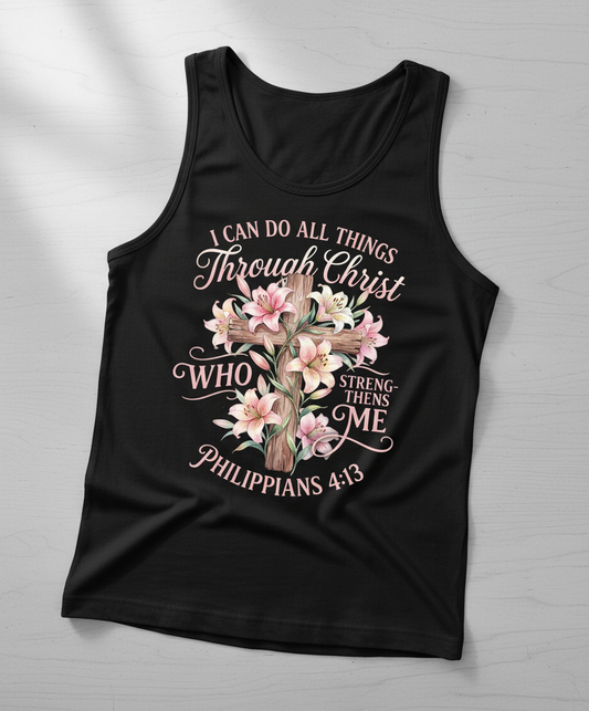 Philippians 4:13 I Can Do All Things Through Christ Cross and Lilies Tank Top - Black