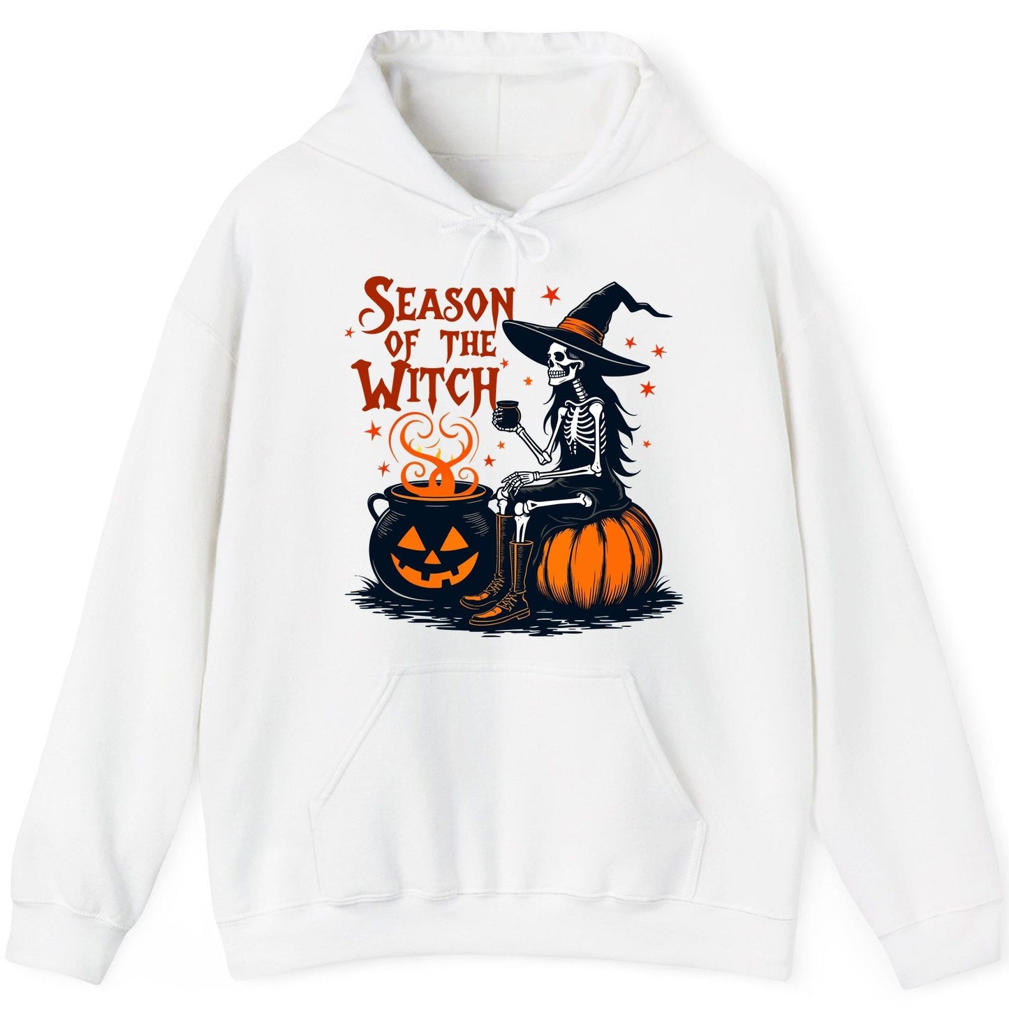 Season of the Witch skeleton witch Hoodie White product mockup