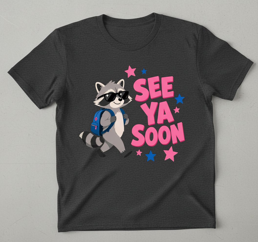 See Ya Soon Raccoon T-Shirt - product mockup - Dark Heather