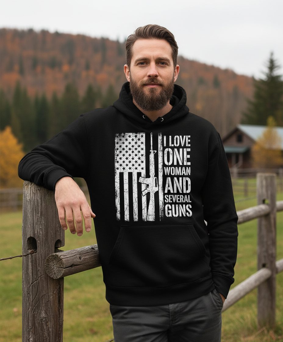 I LOVE ONE WOMAN AND Several GUNS Funny Pro-Gun Hoodie - lifestyle model mockup - Black