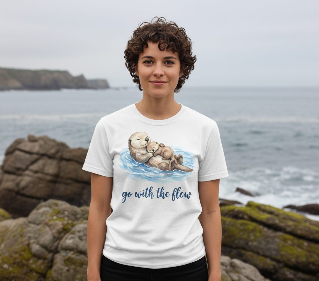 Go with the Flow Sea Otters T-Shirt - lifestyle model mockup - White