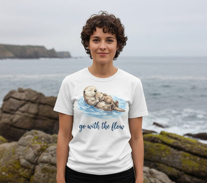 Go with the Flow Sea Otters T-Shirt - lifestyle model mockup - White