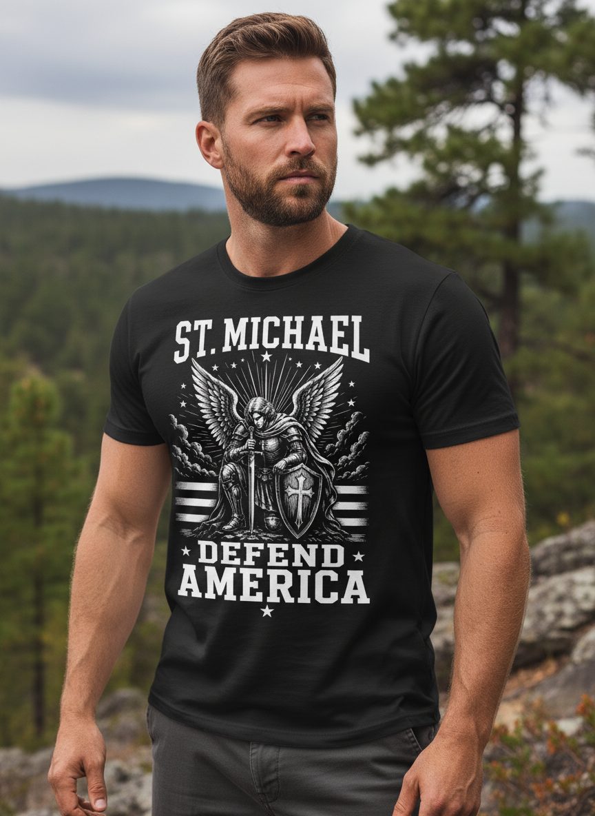 St Michael Defend America Patriotic Christian T-Shirt - lifestyle model mockup - Black