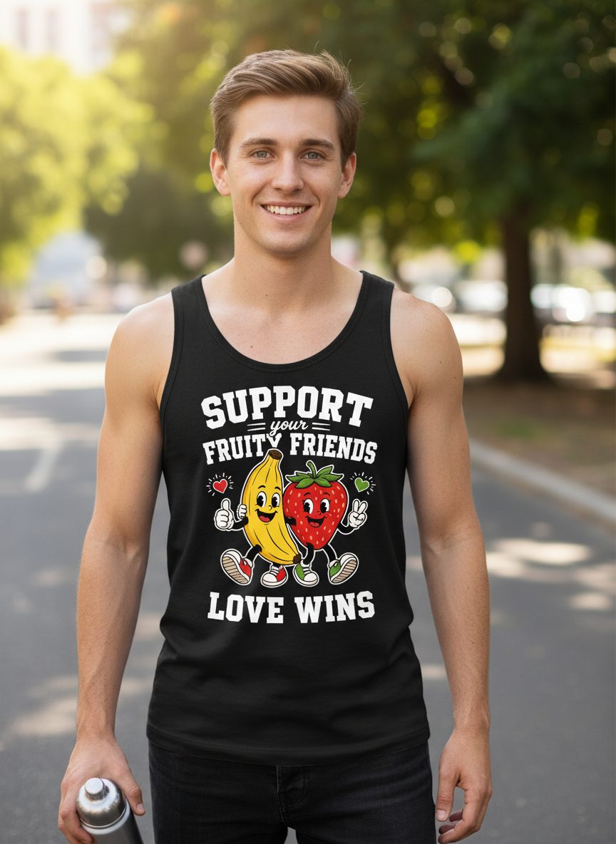 Support Your Fruity Friends Love Wins Retro Lgbtq Pride Tank Top - lifestyle model mockup - Black