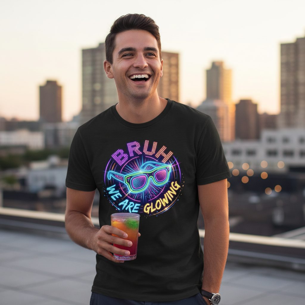 BRUH WE ARE GLOWING Neon Party T-Shirt Black lifestyle mockup