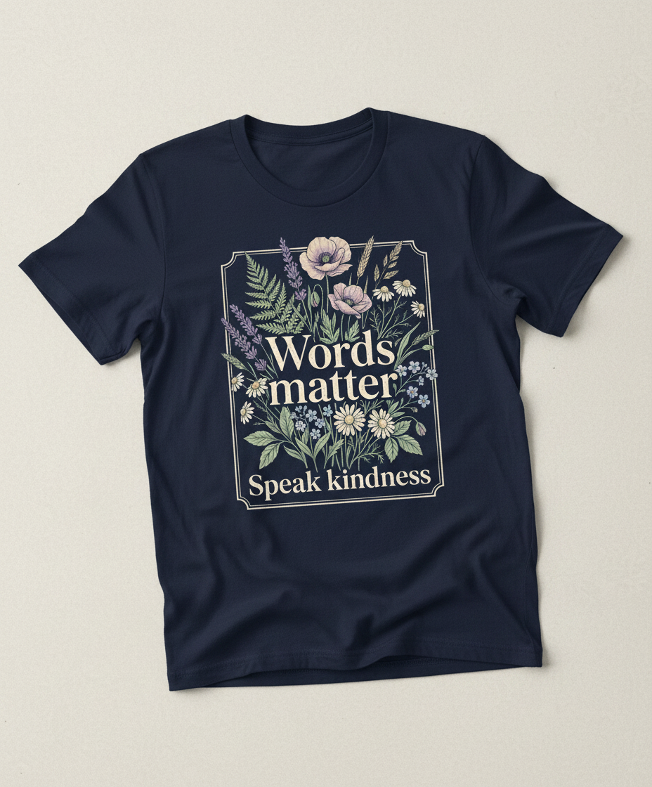 Words Matter Speak Kindness Botanical Floral Illustration T-Shirt - Navy