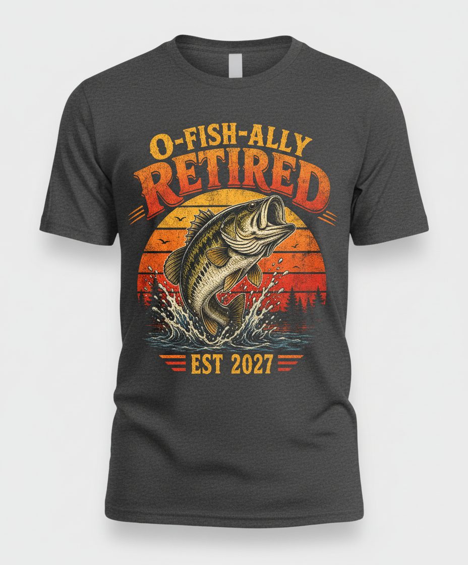 O-Fish-Ally Retired EST 2027 Funny Fishing T-Shirt - product mockup - Dark Heather