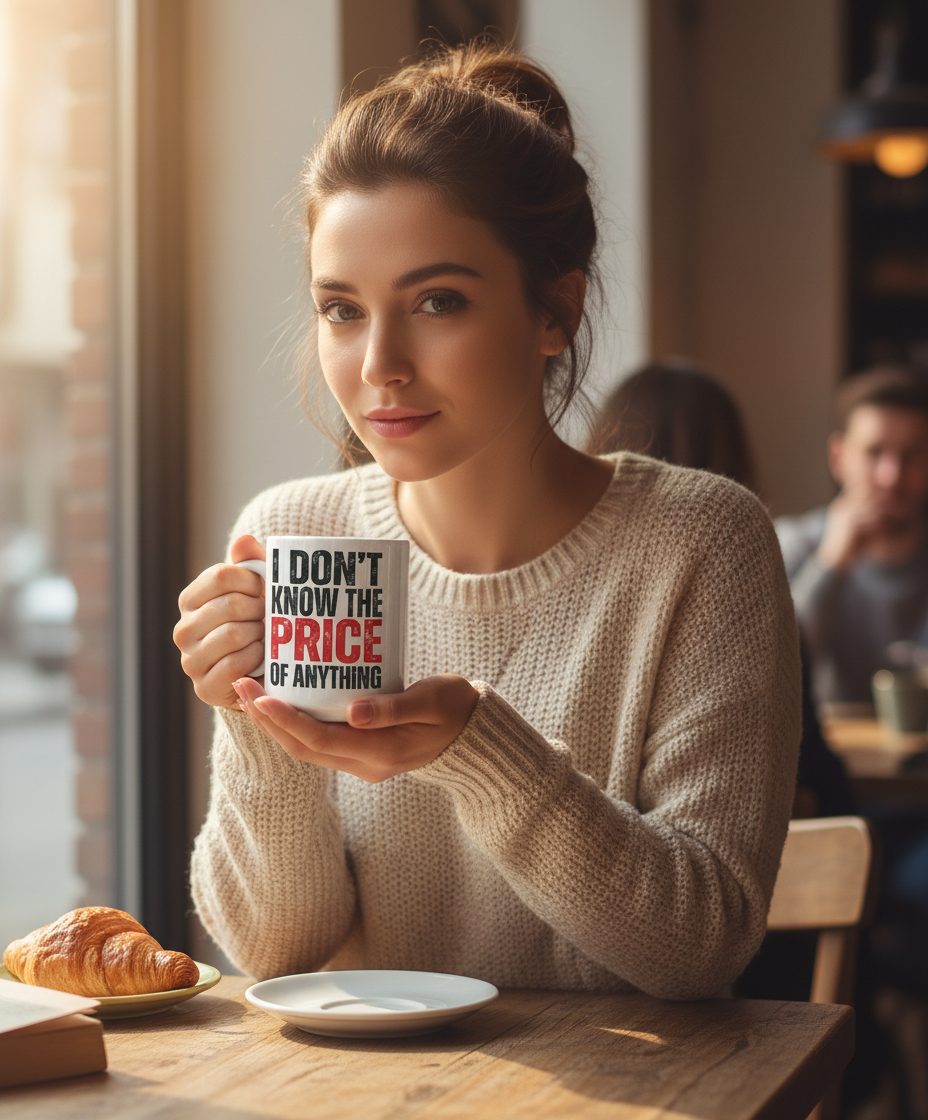 I DON'T KNOW THE PRICE OF Anything Funny Sarcastic Humor White Mug - lifestyle model mockup - White